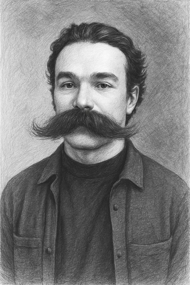 A distinguished pencil portrait of Misha and the mustache